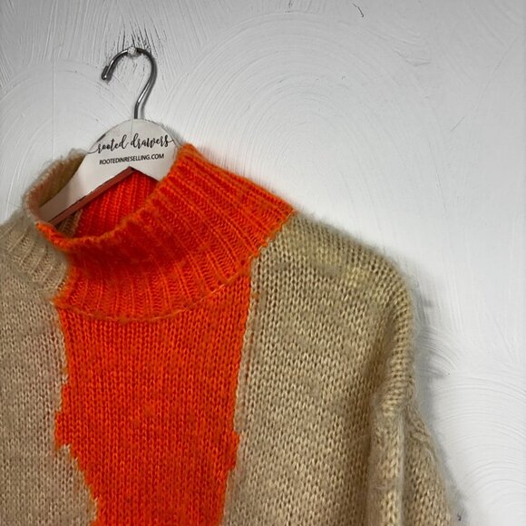 Knit Pullover Sweater Long Sleeve Orange Beige Colorblock Fun Spring Acrylic S - Picture 2 of 5